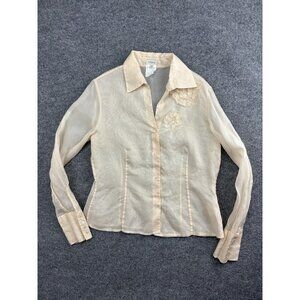 Feraud Blouse Womens FR 44 DE 42 Beige Sheer Button Front Floral Beaded Applique